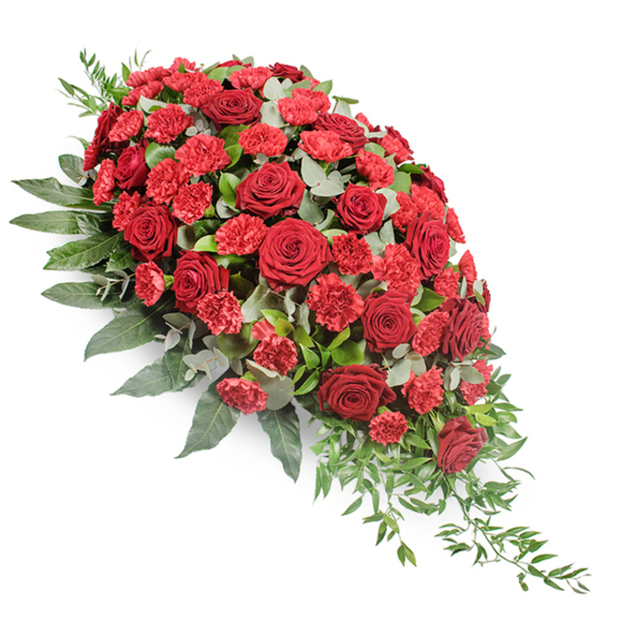 A richly detailed funeral flower spray is shown against a spotless white backdrop, its elongated teardrop form stretching from a broad, full upper left to a fine, delicate tip at the lower right. The design is tightly packed with deep red blooms, creating a powerful ribbon of colour that flows across the image. Dominating the arrangement are velvety, dark red roses, many of them fully open so that each bloom reveals layered, spiralling petals, while a few remain slightly cupped, suggesting tenderness and restraint. Interspersed among the roses are clusters of bright red carnations, their fringed, ruffled petals introducing a feathery texture that contrasts with the smooth rose petals and adds depth to the overall design. The flowers sit in a bed of layered greenery: broad, dark green leaves give the piece its structure and outline, forming a strong frame around the reds, while softer, more rounded eucalyptus leaves in a gentle silvery-green weave through the centre, creating subtle highlights and a cool counterpoint to the warmth of the flowers. From the narrower end of the spray, slender, lighter green stems and sprigs of foliage extend outward in graceful arcs, accentuating the direction of the design and giving the arrangement an almost flowing, river-like movement. The even lighting allows every contour and shadow to be seen clearly, enhancing the sense of craftsmanship. This traditional casket spray, the kind families in Epping often request for a final tribute, feels deeply respectful and composed. It would be at home atop a coffin or placed near a memorial table, offering a visual expression of love, honour, and farewell that is both classic and deeply heartfelt.