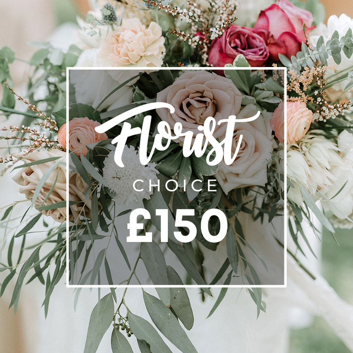 Soft focus captures a lavish hand-tied bouquet that radiates natural romance and contemporary elegance. The palette blends pale pinks, creamy whites, ivory, and delicate peach, with deeper dusty rose or burgundy adding quiet drama. Prominent garden roses sit in pairs or clusters, their full petals unfolding in shades of pink and cream, while ruffled ranunculus and perhaps a touch of white waxflower add texture and movement. The arrangement is generously filled with eucalyptus leaves that are silvery-green and rounded, complemented by feathery foliage and small reddish-brown buds for seasonal depth. The bouquet's structure feels loose and organic, as if gathered from a private border and arranged to be admired up close or carried down a windy street in a wedding procession. Centered over the bloom is a white square overlay bearing Florist Choice; Florist in a flowing script and CHOICE in bold uppercase beneath, with the price 150 in large numerals. The soft, blurred background points to a bright studio or ceremony setting, ensuring the flowers themselves remain the sole focus of colour, scent, and texture. Created with local care by Flowers Epping, this design embodies modern luxury, timeless romance, and the joy of fresh blooms delivered across Epping for birthdays, anniversaries, or special occasions.