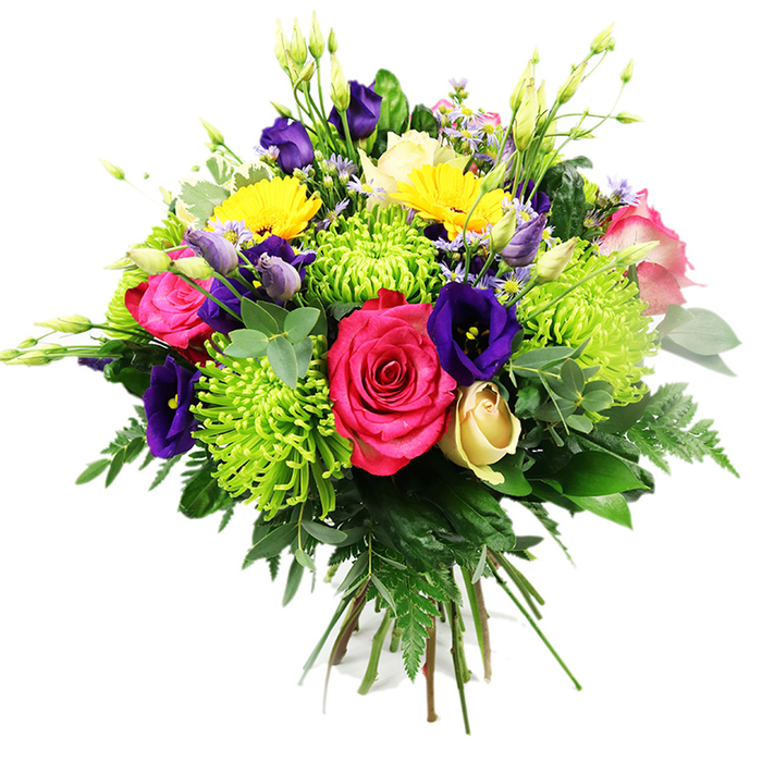 A vibrant, hand-tied bouquet stands out vividly against a crisp white background, its rounded dome of flowers composed with the confidence of an experienced Epping florist. Dominating the centre are two or three fully open fuchsia-hued roses, their velvety petals tightly layered at the core and relaxed at the edges, giving a plush, romantic focal point. Radiating from these are lemon-yellow gerbera-type flowers, their flat, cheerful faces and finely lined petals creating an instant sense of sunshine, as if they were reflecting light from an open window looking towards Epping's green spaces. Tucked beside them, lime green spider chrysanthemums offer a striking contrast; each bloom is a dense cluster of long, narrow petals that curve and twist, forming a vivid, spiky ball of chartreuse that feels both playful and modern. Deep indigo and royal purple lisianthus are scattered thoughtfully through the bouquet, some blossoms fully open like delicate bells with softly crinkled rims, others still contained in sleek buds. Near the base, a single creamy yellow rosebud provides a softer, more understated accent, its petals held close in classic bud form. Smaller accent flowers in lavender, periwinkle, and very pale pink weave in and out of the main blooms, adding fine detail and a gentle, romantic haze of colour. Slender white buds, perhaps freesia or similar, lift upwards from amid the petals, lending a sense of lightness and height. The whole arrangement is supported by a lush foundation of greenery: broad glossy leaves, lighter eucalyptus-like stems with rounded leaves, and delicate, cascading fern fronds that spill from the base. The soft, even lighting and white background highlight each hue and texture, suggesting a fresh, celebratory bouquet perfect for birthdays, anniversaries, or a special flower delivery to a home near Epping station.