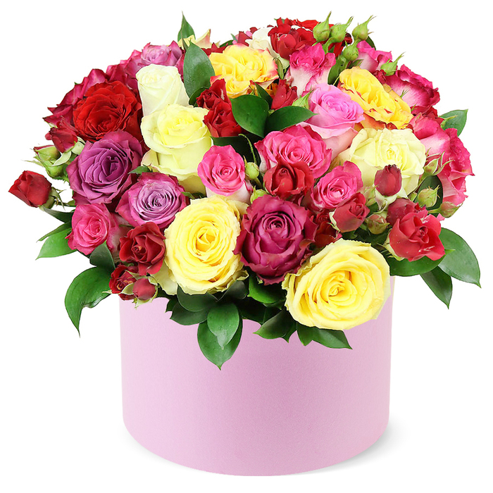 An opulent, multihued rose bouquet crowns a soft pastel pink hat box in a round, sculptural silhouette that says celebration from the moment you see it. The display gathers dozens of roses in hues of deep crimson, sunny yellow, fuchsia, pale pink, magenta, lavender, and creamy white, arranged in a dense, domed cluster that rises proudly above the rim of the round container. Dark green leaves provide a glossy foil that intensifies each petal's colour, with blooms in a variety of sizes-from oversized, fully opened roses to smaller spray roses and tender buds-to create texture, depth, and a sense of lush abundance. The box's smooth, matte finish offers a contemporary stage for the riot of colour, making the arrangement feel both luxurious and approachable.
This stunning gift feels right for significant moments-birthdays, anniversaries, or heartfelt thanks-delivered to homes and businesses along the High Street, near Epping Forest's edge, or toward Loughton and Chigwell. The white background isolates the flower magic, letting light travel across petals to reveal velvet purples and gleaming yellows alike. The bouquet's energy speaks of generosity and affection, a thoughtful gesture that travels easily with same-day delivery across the town, ensuring freshness and impact from the moment it arrives. It's a celebration of craft and colour that can brighten a room and a day. Framing the scene, the soft white backdrop makes the bouquet feel elevated, like a premium gift selected for a milestone or a heartfelt apology turned into joy.
