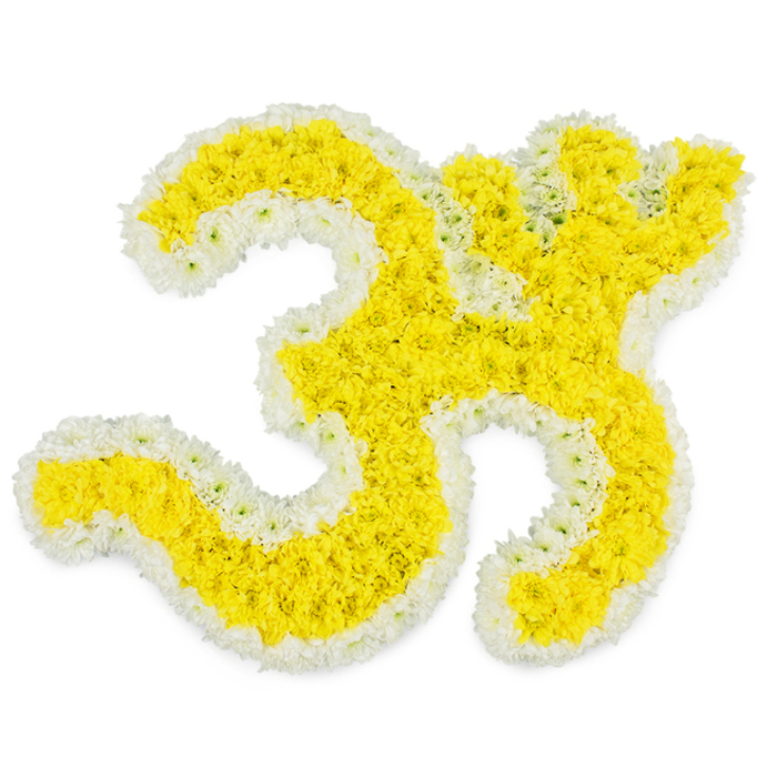 An exquisitely detailed Om symbol made entirely of fresh flowers is presented against a flawless, bright white background, creating a feeling of stillness and reverence. The familiar script of the sacred sound is brought to life with thousands of small, sunshine-yellow blooms, probably chrysanthemums or marigolds, that have been nestled side by side so tightly they form a thick, velvety carpet of colour. Every curve of the Om-from the rounded base that suggests a resting consciousness, to the sweeping middle arc and the slender upper stroke-is carefully defined by these yellow petals, with the detached dot at the top right rendered just as clearly. Hugging the outer edges of this form is a delicate but distinct outline of pure white flowers. This border is narrow yet crisp, tracing each twist and turn with remarkable accuracy and adding a sense of refinement and purity. The high, even lighting leaves no harsh shadows, so the bright yellow and clean white tones stand out clearly, almost glowing against the empty background. It feels like a piece hand-crafted in an Epping florist studio for a deeply meaningful occasion-perhaps a funeral tribute headed to a crematorium near Epping Forest, or a spiritual ceremony held in a family home. There are no vases, stands, or additional decorations visible; all focus is on the floral artistry and the spiritual message. The arrangement seems cool and freshly made, as if the petals would still feel dewy to the touch, and you can almost imagine the gentle scent of the blossoms bringing a soft, comforting presence to any quiet, reflective space in the local community.