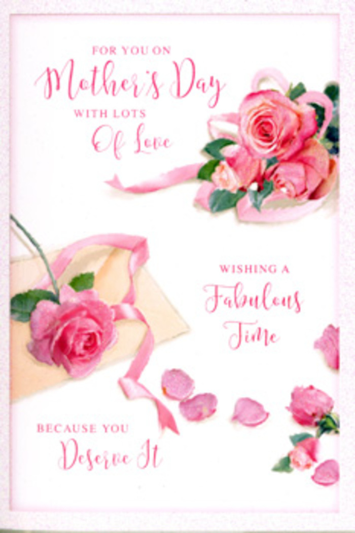 The Mother's Day card in this image appears carefully styled, like a flat-lay arrangement prepared by an experienced florist in Epping. Dominating the design is a cluster of pink roses, their blooms fully open and almost touchable, each petal rendered with a velvety softness that suggests fresh, garden-picked flowers. Shades of pink flow from pale, almost white outer petals to richer rosé tones at the heart of each flower, capturing the natural depth you might see in a bouquet arriving from a local shop just off Epping High Street. Around the main cluster, individual petals and small rose heads are thoughtfully scattered, creating a sense of movement and spontaneity, as though a bouquet has been gently taken apart and laid across the card. A delicate ribbon, tinted in a soft pastel hue, winds around the main roses and trails off to the side, giving a sense of gift-wrapping and celebration. Across the top and side, warm cursive lettering delivers a tender Mother's Day message, the script loose and expressive, mirroring the curves of the petals and ribbon. The background is clean, soft white, allowing the pinks to sing without distraction, while the overall lighting feels like quiet afternoon light in an Epping living room, casting only the lightest shadows. The mood is serene and affectionate, a visual echo of gratitude and love for mothers, stepmothers, and carers. Every element-from the layered blooms to the airy negative space-works together to create a card that feels like both a bouquet and a cherished note, ready to accompany flowers delivered across Epping and nearby villages.