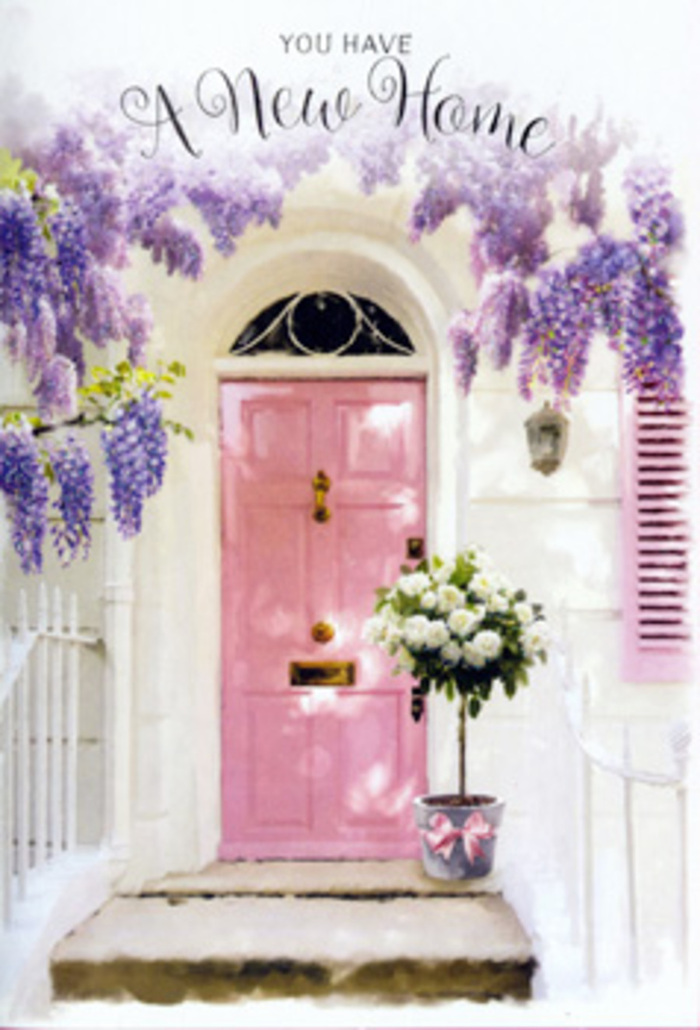 This image captures a dreamy Epping entryway poised between calm and quiet excitement, the kind of doorway you might discover wandering the lanes between Epping High Street and the edge of the forest. A pink front door, painted in a delicate, almost chalky blush, stands at the centre, its panels softened by years of gentle light and care. Around it, the wall is washed in white, creating a clean backdrop for the clouds of lavender wisteria that pour down from overhead. The wisteria flowers fall in generous curtains, each clustered bloom a blend of pale lilac and deeper purple, forming a natural archway that frames the door with effortless grace. To one side, a softly toned shutter mirrors the door's blush hue, tying the architecture together in a subtle pastel rhythm. On the doorstep, a florist's grey bucket anchors the scene. It is filled to the brim with creamy white roses, their layered petals opening fully, some cupped, some fully unfurled, each bloom cradled by soft green leaves that peep around the edges. A pink ribbon wraps neatly around the bucket, its satin tails resting on the stone step like a small, celebratory gesture. You can almost feel the coolness of the metal, smell the mingled perfume of roses and wisteria, and sense the hush that often settles on Epping's residential streets in late afternoon. The mood is tender and hopeful, like the moment right before new neighbours cross the threshold for the first time. It's a visual metaphor for a housewarming gift-a floral welcome that suggests friendship, warmth, and the gentle reassurance that this new address will soon feel like home.