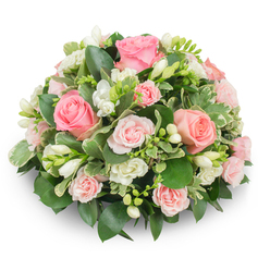I picture this compact, rounded bouquet as the first soft light over a garden at dawn - pale pink roses opening like gentle suns amid sprays of crisp white freesia. The composition is dense and intentional: larger garden-style pink roses provide visual anchors with plush, unfurling petals, while clusters of smaller spray roses and miniature white blooms tuck into the gaps, creating a layered, cloud-like fullness. Upright freesia stems punctuate the dome with slender, tubular buds and open bell-shaped flowers that reveal the faintest yellow stamens, lending a subtle perfume that suggests freshness and longevity. The greenery plays a supportive yet expressive role - glossy dark leaves (such as ruscus or salal) form a deep, verdant backdrop, and variegated leaves edged in creamy white (likely Pittosporum) pick out highlights and lift the soft palette. The arrangement is crafted with no visible stems, its cushiony profile precise and serene, and natural side light accentuates the velvety textures and delicate colour gradations from blush to soft coral-pink. This bouquet feels suited to tender moments: a quiet birthday breakfast, welcoming a new baby, or a gentle get-well gift that says 'I care' without words. As a local florist familiar with the slower mornings around the market and station in Epping, I imagine delivering this arrangement to a family home near the High Street or to a bedside at a nearby care house - its scent and soft hues offering reassurance and calm.