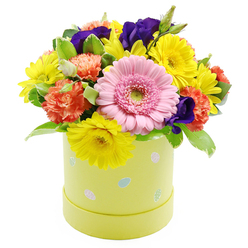 A festive Easter hatbox design is presented as if floating on a pure white backdrop, allowing every colour and texture to stand out with crisp clarity, much like a fresh display in an Epping florist's window. The flowers are massed into a full, domed bouquet, giving the impression of a carefully sculpted mound of petals. Dominating the front is a single, generous pink Gerbera daisy, its wide face made up of fine, silky petals that radiate like spokes from a pale green centre, instantly conveying openness and joy. Around it, bright yellow chrysanthemums gather in cheerful clusters, their numerous narrow petals catching the light to create a lively, almost sparkling effect. Interspersed among these are coral-orange carnations, their soft, ruffled blooms adding a plush, almost cloud-like volume that contrasts gently with the more defined shapes of the daisies. Punctuating the arrangement, rich violet-purple lisianthus flowers emerge like little pockets of shadow, deepening the palette and drawing the gaze further into the bouquet. Supporting this symphony of colour is an array of fresh green foliage, from smooth leaves to subtly variegated sprigs with creamy edges, lending a feeling of natural movement and structure. The flowers rise from a cylindrical pastel lime hatbox, a soft yellow-green tone that feels both modern and playful. Its sides are adorned with tiny, scattered Easter egg illustrations in pastel blues, pinks, and whites, some decorated with miniature stripes and dots, evoking egg hunts in local Epping gardens and parks. This piece feels ideal for brightening an Easter lunch table, sending get-well wishes, or simply bringing a little burst of spring sunshine indoors, as if the season itself has been gathered and arranged with care.