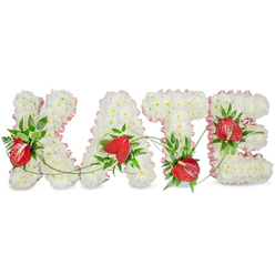 This personalised memorial piece spells KATE in bold, three-dimensional capitals, each letter composed of tightly clustered white spray chrysanthemums that create a plush, uniform surface. The densely packed blooms read as a blanket of soft white, their tiny petals catching a soft, overcast light in a way that feels calm and consoling. Around the outer contours a ruffled pale pink ribbon is gently tucked in, its subtle colour offering warmth and definition without overpowering the serene white. Bright red anthurium blooms punctuate the composition - glossy, heart-shaped and unmistakable - their smooth spathes and upright yellow spadices drawing the eye and adding a heartfelt emphasis to each letter. Intervening foliage - glossy green leaves, fronds of fern and delicate lengths of trailing vine - are arranged with considered restraint, weaving between letters to provide depth, natural texture and a sense of continuity.

Presented against a pristine white backdrop with a faint shadow that lifts the letters from the surface, the tribute feels both sculpted and tender. The tactile contrast between the feathery chrysanthemums, the satin ribbon and the waxy anthuriums gives the piece a layered sensory character that suggests quiet dignity and affection. Prepared by an experienced hand in Epping, this design suits chapel services, funeral florals or a commemorative display at a local venue near Epping High Street, and can be delivered with sensitivity across the town by Flowers Epping for same-day or next-day requirements.