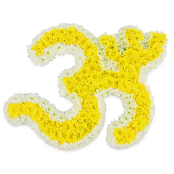 A beautifully composed floral Om symbol seems to float in stillness against a spotless white background, radiating both colour and calm. At its heart, hundreds of tiny yellow blossoms, likely chrysanthemums or marigolds, are packed so closely that they form a plush, cushion-like texture, giving the sacred character real depth and body. The familiar curves of the Om, from the broader lower sweep to the refined upper arcs and the distinct dot at the top right, are perfectly shaped in this golden hue, glowing as if lit from within. Around the yellow core runs a fine border of pure white flowers, each bloom carefully aligned so the outline remains clean and unbroken. This white trim softens the intensity of the yellow, adding a sense of peace and purity that feels especially fitting for a sympathy tribute or spiritual offering in Epping. The lighting is bright and even, with no shadows to distract the eye, so the viewer's attention rests entirely on the intricate floral work and the graceful lines of the symbol itself. It feels like a piece a local florist might prepare for a Hindu funeral, a memorial service at a chapel near Epping Forest, or for display in a quiet meditation corner at home. The absence of leaves, ribbons, or extra colours keeps the arrangement contemplative and dignified. You can almost sense the cool touch of fresh petals, the faint floral fragrance, and the hush of a respectful gathering where this floral Om offers comfort, hope, and a reminder of spiritual continuity.