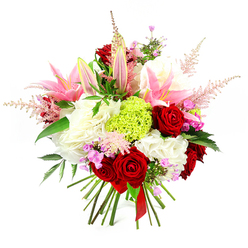 Displayed against a pure white backdrop, this hand-tied bouquet looks like a captured moment of celebration, as if just arranged on a counter in a small Epping florist before being sent out for same-day delivery. Rich crimson roses, their petals velvety and layered, anchor the design with a sense of timeless romance. Around them, plush ruffles of white blooms-reminiscent of hydrangea heads, carnations, or garden roses-build a soft, cloud-like cushion that makes the bouquet appear full, rounded, and luxuriously dense. From this creamy base emerge graceful pink lilies; some are wide open, revealing delicate stamens and blush-toned throats, while others remain as smooth, pointed buds, hinting at days of unfolding beauty and gentle perfume. At the core, a bold sphere of lime green dianthus or "Green Trick" carnation stands out, its frilly, mossy surface adding a contemporary, almost sculptural feel, like a bright patch of spring grass in Stonards Hill Recreation Ground. Feathery stems of pale pink astilbe drift upward and outward, giving the arrangement a slightly whimsical, meadow-inspired edge and breaking the compact form with airy texture. Tiny fuchsia and purple filler flowers tuck between the larger heads, adding glimmers of richer colour that reward a closer look. Deep green foliage threads through the composition, providing contrast and depth without overwhelming the blossoms. At the base, neatly aligned stems are bound with a red satin ribbon, reinforcing the handcrafted nature of the bouquet. The overall effect is one of sophisticated joy and heartfelt emotion, ideal as a romantic gift, birthday surprise, or elegant centrepiece for homes and venues around Epping.