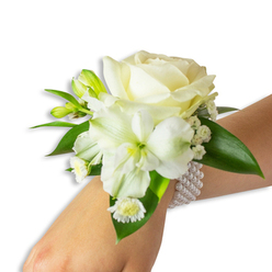An elegant wrist corsage photographed on a fair-skinned wrist, presented against a bright white background to highlight every delicate detail. The focal point is a creamy white rose, its petals opening in soft concentric layers that suggest restrained luxury and gentle movement. To the lower left of the rose, a trumpet-like white bloom-likely an alstroemeria or similar-reveals a soft lime-green throat that pulls the eye inward and adds botanical depth. Interspersed throughout are small green buds awaiting their moment and clouds of tiny white Gypsophila that introduce a feathery lightness to the composition. A small cluster of daisy-style florets with sunny yellow centres provides a fresh, joyful accent close to the wrist. Glossy, deep-green foliage with waxy texture frames the arrangement, creating contrast and lending the piece an organic fullness. The corsage is fastened with a chic, multi-strand pearl bracelet; the uniform white pearls sit cool against the skin, their muted sheen harmonising with the blooms' soft palette. You can almost sense the cool touch of the pearls and the faint, clean fragrance of newly cut flowers. Designed with formal occasions in mind-weddings, Proms, or anniversary celebrations-this cuff-style wristlet balances classic materials with a contemporary silhouette. As a local touch, this style is a familiar choice for brides and families gathering near Epping Forest and along Epping High Street. Flowers Epping would craft such a piece to sit comfortably and securely, reflecting attentive technique and neighbourhood taste.