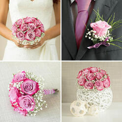 A compact, rounded bouquet sits securely cradled in a contemporary white container, its shape forming a smooth, polished dome made up of roses and gypsophila. The roses are the stars here: deep, saturated pinks mingle with softer lavender tones, each blossom open enough to reveal layers of delicately ruffled petals. They are arranged so closely that, from above, the bouquet looks like a soft floral tapestry. Threaded through this opulent surface are fine sprigs of white baby's breath, which scatter lightness and space, like early morning mist settling over a garden on the outskirts of Epping. The vessel has an artistic, woven or sculpted pattern in clean white, its lines looping and overlapping in a playful, almost architectural way that contrasts gently with the romance of the blooms. The scene feels calm and thoughtfully composed, as though the arrangement has just been placed on a wedding table in a country hotel or a reception room near Epping Forest, ready to greet guests as they sit down. Freshness is evident in every petal; there is a sense that the flowers have been arranged recently by a careful local florist, paying attention to proportion, height, and the interplay of colour and texture. Soft, even lighting bathes the composition, emphasising the creamy whites and rich pinks without harsh shadows. The mood is modern yet classic, ideal for couples who want a floral centrepiece that symbolises tenderness, celebration, and enduring love, while subtly reflecting the tranquil, green character of Epping and its surrounding countryside.