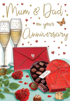 Romantic anniversary card illustration featuring a luxurious still life that feels at home in Epping's quiet, tree-lined streets. In the foreground, a pair of elegant champagne flutes stand shoulder to shoulder, filled with golden, effervescent wine; the bubbles rise in delicate streams, as if frozen at the exact moment of a loving toast. Just beside them is a classic heart-shaped box of chocolates, its rich red casing partly open to reveal plump, detailed truffles arranged in neat rows, each one shaded to show a glossy surface ready to be shared. An opulent red satin bow crowns the box, its loops and trailing tails adding drama and softness. Two red roses, fully open yet still fresh, rest on a pale surface with their deep green leaves fanning out, recalling the kind of carefully chosen blooms we prepare for anniversary deliveries around Bell Common and Ivy Chimneys. Scattered around the composition are individual chocolates and tiny hearts in crimson and gold, giving a sense of playful romance. A vivid scarlet envelope sits nearby, sealed as though it carries a personal, carefully written note to mark years spent together. Above, a warm greeting addressed to "Mum & Dad" is hand-lettered in graceful script and surrounded by little golden highlights that shimmer against a soft, neutral background. The lighting feels like gentle evening glow, wrapping the entire scene in warmth and quiet celebration, evoking the scent of fresh roses and the cosy comfort of marking a special anniversary at home in Epping.