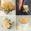 A carefully coordinated close-knit wedding collection, seen across four photographs, that centres on warm peach-orange roses softened with delicate white gypsophila and fresh green foliage. The top-left frame captures a bride in a pale ivory gown cradling a perfectly round bridal bouquet, every apricot-peach rose fully cupped and layered to create plush texture; the bouquet is wrapped in a white ribbon dotted with tiny peach specks, a subtle, handmade detail that catches the eye. Opposite, a groom's dark charcoal or navy suit jacket displays an elegant boutonnière: a solitary peach rosebud trimmed with airy sprigs of baby's breath, a small flourish of greenery and a coordinating peach ribbon bow that mirrors the coral tie and crisp white shirt beneath - a harmony of tones often chosen by couples marrying around Epping Station and the Market. The lower-left photograph shows the bouquet laid on a light, textured fabric, revealing the round silhouette and the pearl-studded stem wrap that speaks to careful craftsmanship and comfort for the bride's hands. In the lower-right, a sculptural table arrangement sits in an intricately woven white spherical vase: a domed cluster of peach-orange roses and gypsophila crowned the piece, while two smaller woven spheres placed in front add balance and a handcrafted, rustic elegance suitable for a marquee reception on the edge of Epping Forest. As a local florist, I imagine delivering these blooms across town from Flowers Epping with an eye for scent, texture and the small details that knit a wedding's palette together.