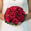 In this image, a luxurious dome of red roses and matching berries is cradled as though in a bride's hands, the bouquet poised against what could be the soft whites and creams of a wedding dress in an Epping churchyard. Each rose is at its peak, petals velvety and thick, spiralling inward with a sense of quiet intensity, the red so vivid it seems almost to glow. Between these romantic blooms nestle clusters of round red hypericum berries, their smooth, lacquered surfaces adding a modern, textural twist to the otherwise classic design. Surrounding the flowers is a smart frame of dark green foliage-broad, folded leaves and slender accents that create a natural collar, giving structure and balance while grounding the fiery reds in calm, earthy tones. The bouquet appears tightly hand-tied, stems bound together in a neat handle that would sit comfortably in a bride's grip as she walks along Bower Hill or through the gates of a local Epping venue. The overall mood is one of confident passion and heartfelt devotion, the kind of arrangement chosen by couples who love strong colour and simple, striking shapes. Soft lighting washes across the petals, highlighting subtle shadows and curves so you can almost feel the satin-soft texture beneath your fingertips. There is a sense of movement and life in the way each element is placed, reflecting the skilled touch of an experienced florist from the Epping area. This red rose and berry bouquet becomes more than just flowers-it's a vivid symbol of love, celebration, and the promise of a shared future.
