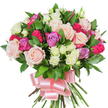 A lush, hand-tied bouquet of mixed roses and glossy greenery sits against a clean white background, each bloom packed closely to form a rounded, abundant silhouette. Large, classic roses dominate the composition in soft pastel pink and creamy white, some petals unfurling fully to reveal velvety layers while others remain gently cupped. Bright fuchsia or magenta roses punctuate the soft palette with lively jewel-like intensity, and a few cool lavender roses add a subtle whisper of purple, creating a gentle, garden-like harmony. Nestled among the larger blooms are sprays of petite, creamy-white spray roses and tiny buds that give the arrangement delicate texture and visual depth. Dark green, glossy leaves - likely ruscus or salal - are woven through the flowers, their elongated, spear-shaped sheen offering crisp contrast and a sense of fresh abundance. The long stems are gathered tightly at the base and secured with a wide, baby-pink satin ribbon tied into a generous bow whose smooth sheen catches the light, its tails cascading slightly below the bloom mass. The overall effect is romantic, cheerful, and refined, the sort of bouquet that carries a faint, classic rose scent edged with green freshness when lifted close. As a local florist I picture this arrangement being handed over on Epping High Street after a stroll in Epping Forest, chosen for Mother's Day, an anniversary, or a heartfelt birthday surprise. The bright, clean background makes every petal and glossy leaf read clearly to the eye, offering a timeless, tactile invitation to touch and breathe in its gentle beauty.