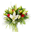 A radiant, carefully balanced bouquet set in a simple clear glass cylinder, photographed against a crisp white background so every colour and texture reads clearly. At the heart of the composition sits a single, fully open creamy-white Oriental lily - its satin-smooth petals curved gently back to reveal pale yellow stamens and a soft green pistil - a quiet, sculptural focal point that breathes a sense of purity. Around it, a lively chorus of lime-green and pale-yellow lily buds occupies the midlayer, some tightly furled and others just beginning to part, giving the arrangement a feeling of promise and unfolding life. Scattered through the cluster are several deep red rosebuds and small roses with velvety petals still curled, their passionate tones offering dramatic punctuation against the lighter lilies. The floristry is grounded in abundant greenery: broad, glossy dark-green leaves create structure and depth behind the blooms, while long, feathery palm fronds arch and cascade outward, their emerald blades bringing a flowing movement that suggests a soft breeze. Interspersed eucalyptus stems, with their rounded, silvery-green leaves, add a cool, muted contrast and a subtle mineral scent if you could imagine it. Clear water and visible stems through the glass vase reinforce a feeling of freshness and care. The studio's bright white light highlights the lilies' creamy sheen and the roses' velvety reds, making the whole bouquet read as both refined and warmly expressive. This arrangement speaks to celebration and sincere affection - a sophisticated gift or table centrepiece that combines the purity of white lilies with the timeless romance of red roses in a composition that feels both classic and alive.