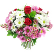 Against a clean white background, this vibrant hand-tied bouquet appears freshly prepared, the kind of arrangement that might be set aside at Flowers Epping ready for collection or local delivery. At the centre, two impressive deep red roses stand out, their velvety petals tightly layered in classic spirals that convey romance, admiration, and enduring affection. Surrounding these central roses are numerous white daisy-like chrysanthemums, each bloom framed by crisp white petals and anchored by a vivid lime-green centre, giving the bouquet a bright, cheerful energy reminiscent of sunlit clearings in Epping Forest. Interspersed among the white daisies are plentiful pink daisy chrysanthemums, their shades ranging from pale blush to a fuller, medium pink, but always with that distinctive green eye at the centre. This repetition of green ties the composition together and creates a playful, contemporary contrast against the red roses and white petals. Wisps of pale pink waxflowers weave through the arrangement, their tiny star-shaped blossoms and slender stems adding an intricate, almost airy veil of texture between the larger flowers. Lush green foliage, including broad, glossy leaves and lighter sprigs of greenery, supports and frames the blooms, enhancing the bouquet's rounded shape and giving it a full, generous feel. At the base, the neatly trimmed stems are visibly bound, confirming its hand-tied nature and readiness for a glass vase on a kitchen table, office desk, or bedside cabinet. The overall impression is joyful and heartfelt, making this bouquet a fitting choice for birthdays, anniversaries, Mother's Day, or as a thoughtful thinking of you gift for someone in Epping, whether they're near the High Street or in the quieter residential areas.