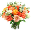 Bathed in bright, natural light against a crisp white backdrop, this hand-tied bouquet reads like a pocket of autumn sunshine - a densely packed, rounded arrangement that feels both elegant and warmly familiar. Large, fully opened roses take centre stage, their petals spiralling from deep, fiery orange to sunny golden yellow, each bloom carrying a heady, sweet perfume that mingles with the fresher notes of foliage. Between the roses, ruffled carnations in coral and peach add soft, scalloped texture and playful volume, their layered petals catching light and shadow to create a tactile, cloud-like effect. Cheerful gerbera daisies peek through with flat, open faces in soft peach-pink and brighter apricot tones, each with a delicate greenish-yellow eye that brightens the composition. Sprays of tiny white filler blooms - delicate freesia-like or spray flowers - scatter bright highlights across the surface, while wispy clusters of pale green, Astrantia-like filler lend an airy, feathery counterpoint. Signature rounded eucalyptus leaves, with their muted grey-green sheen, are woven throughout, offering cool, aromatic contrast and structural rhythm. The stems are neatly gathered and tied at the base, suggesting a fresh hand-tied design ready for a vase on an Epping mantelpiece or as a thoughtful gift from a local shop. As a florist who often walks past Epping Forest and the High Street market, I imagine this bouquet bringing warmth to birthday celebrations, anniversaries, or a bedside table for a cheering get-well wish - a compact, joyful composition that celebrates seasonal colour and expert craftsmanship.