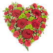 A striking heart-shaped floral arrangement is shown in full view, carefully composed so that every bloom contributes to a message of love and remembrance. The background is a simple, clean white, which makes the intense colours of the flowers appear even richer. The heart itself is completely covered with deep red flowers, led by several prominent, fully opened roses whose velvety petals fold over one another in soft, elegant layers. Around these roses, dense clusters of red carnations, probably mini or spray types, create a frilled, cushion-like texture that reinforces the heart's outline and depth. Breaking through this sea of red are thoughtfully spaced lime-green button chrysanthemums, neat and spherical, their tiny florets packed tightly together. These fresh green accents introduce brightness and a feeling of renewal, balancing the passion of the red with a touch of calm. Around the edge and scattered between the blooms, variegated leaves with creamy white rims add a gentle frame and echo the natural hedgerows and gardens found around Epping. Near the lower point of the heart, a few delicate fern fronds trail softly, adding movement and a final flourish. The overall effect is of a full, perfectly proportioned heart that feels both luxurious and sincere. It could easily be imagined resting at a funeral or memorial service in the Epping area, created by a caring local florist to honour a beloved life, mark an anniversary, or send a deeply personal message of sympathy. The design speaks quietly but powerfully of devotion, respect, and lasting affection.