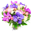 A richly detailed, hand-tied bouquet is captured from above against a clean white background, allowing its saturated colours and intricate textures to truly shine. In the centre, sumptuous pink peonies open to their fullest, their many soft, layered petals forming generous, fluffy blooms that suggest romance and heartfelt affection. Woven through these peonies are bold Vanda orchids in intense shades of purple, indigo, and vivid fuchsia, their wide petals decorated with fine speckling and veining that look almost like delicate lacework. Around them cluster petite spray roses in blush pink and soft peach, some appearing as tight, rounded buds while others reveal their inner petals, alongside a few creamy white roses that bring a gentle, luminous calm to the vibrant mix. Tiny white filler flowers, probably spray chrysanthemums or asters, flicker throughout the design like little stars, adding lightness and a hint of wild meadow charm. The entire bouquet is held in a generous embrace of glossy green foliage, with broad leaves and smaller variegated greens creating depth, contrast, and a sense of fresh garden abundance reminiscent of walks near Epping Forest or along the quieter streets off Epping High Road. At the bottom, the natural stems are carefully aligned and wrapped with a refined purple ribbon and delicate mesh, signalling the touch of an experienced florist and ensuring the bouquet looks presentation-ready for delivery across the local area. Bathed in clear, bright light, the combination of fuchsia, deep purple, soft pink, peach, white, and rich greens radiates joy, celebration, and a luxurious yet welcoming mood.