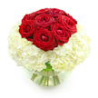 A sophisticated red and white floral arrangement is showcased against a pristine white background, evoking the refined simplicity of a thoughtfully set anniversary table in Epping. Central to the image is a clear, rounded glass bowl vase, its smooth curves framing a meticulously balanced design. At the very top, about ten deep red roses form a compact, domed cluster, each bloom rich with velvety petals that fold inward and outward in graceful spirals. Some of the roses appear just fully opened, revealing intricate centres, while a few still hold a slightly tighter bud-like shape, suggesting freshness and care. Their crimson hue is intense and romantic, immediately drawing the eye. Supporting this upper cluster is a generous cushion of pure white hydrangeas, which spreads out in a full, rounded base. The hydrangea florets are small and closely packed, creating a plush, cloud-like surface that the roses seem to rest upon. The delicate white petals provide a gentle contrast to the saturated red above, giving the arrangement a harmonious, almost sculptural quality. Through the transparent sides of the vase, the straight green stems can be seen submerged in clear water, adding a touch of natural texture and reinforcing the sense of freshness. The absence of any background objects or additional colours keeps the focus squarely on the interplay of red and white, light and shadow. This image suggests a bouquet ideal for marking a special anniversary, perhaps delivered to a home near Epping High Street or to a couple celebrating a milestone overlooking Epping Forest, capturing a mood of quiet celebration, tenderness, and lasting commitment.