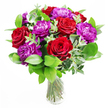 There is an immediate sense of sumptuous harmony in this bouquet, as if it were created to bring a touch of quiet drama to a living room in Epping, just a short walk from the forest's edge. At the core of the arrangement, deeply coloured red roses open fully, each velvety petal revealing another beneath, creating a rich spiral that suggests both intimacy and intensity. Resting alongside, generous purple peonies blossom in softly layered spheres, their frilled petals overlapping like fine fabric, adding volume and a hint of playful luxury. Together, the roses and peonies create a striking contrast: structured and ruffled, classic and gently whimsical. Encircling these blooms is an abundance of greenery that provides a fresh, grounding backdrop. Broad green leaves offer a smooth, glossy texture, while branching stems of eucalyptus introduce cooler tones and an elegant, slightly trailing shape, echoing the easy, natural lines you might notice on a walk near Epping Forest. The bouquet is anchored in a clear glass vase, where the stems are visible, trimmed with care and submerged in clear water that reflects the surrounding light. Highlights glimmer on the glass and dance over the petals, giving the reds and purples a luminous depth. In the mind's eye, there is a soft perfume in the air: the sweet, familiar scent of roses mingled with the green, slightly woody whisper of eucalyptus and fresh leaves. This arrangement feels perfect for marking cherished moments-a dinner in a home off Lindsey Street, a special birthday near Ivy Chimneys, or a simple, heartfelt delivery across Epping to say, without words, that someone is treasured.