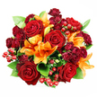 Seen from directly above against a crisp white backdrop, this classic round bouquet is a study in warm, romantic colour and tactile contrast. Large, fully opened deep red roses sit at the heart of the design, their velvety petals layered like wine-dark satin and curling back to reveal densely packed centres. Bright orange Asiatic lilies punctuate the composition with trumpet-shaped blooms and visible stamens - some flowers wide open, others in elegant, tightening buds - creating movement and a joyful cadence among the roses. Sprays of smaller burgundy spray roses nestle between the larger blooms, their clustered heads adding a plush, jewel-toned depth that pulls the eye inward. Glossy clusters of ruby-red hypericum berries scatter light across the surface, catching the soft studio illumination and offering playful, rounded texture against the petals. Lush green foliage - broad ruscus or salal-like leaves - peeks out throughout, their cool sheen grounding the warm palette and framing the bouquet's perfect circular silhouette. The lighting is gentle and even, softening shadows so every petal and berry reads clearly while preserving the richness of the reds and oranges. Fragrant traces of rose's classic roundness and the lilies' spicy-citrus lift seem almost perceptible from the image, suggesting a bouquet meant to mark a heartfelt moment: an anniversary, a passionate declaration, or a vibrant autumn celebration. As a florist familiar with Epping's seasonal sensibilities, I imagine this arrangement sitting on a pale table near Epping Forest light, radiating warmth and elegant generosity in any home or intimate gathering.