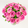 A lush, hand-gathered bouquet of roughly two dozen freshly opened pink roses, presented in a simple clear glass vase against a clean, uniformly lit white background. Each bloom is shown full or nearly full, the velvety petals folding outward in layered spirals that move the eye from the deeper, fuchsia-rich cores to the pale blush and soft rosy tones of the outer edges. Dark, glossy green leaves are tucked throughout the cluster, their cool, textured presence anchoring the bright pinks and reinforcing the bouquet's natural, just-cut freshness. The composition is captured from a slightly elevated, overhead perspective so the arrangement's generous, rounded form and tightly packed silhouette read as abundant and intentionally shaped. Soft, diffuse lighting highlights the gentle sheen of the petals and brings out subtle variations in tone and shadow across each blossom without harsh contrasts. As a florist describing this to someone who cannot see it, I would mention the faint powdery scent that lifts from the roses, the satiny touch of the petals, and the comforting warmth the colour brings - a quiet celebration of devotion, perfect for anniversaries, Mother's Day, or to mark a heartfelt thank-you. The image feels elegant yet approachable, a classic statement piece that suggests careful seasonal sourcing and skilled arranging. Picture this bouquet brightening a mantel, a kitchen table in a cosy Epping home after a walk through Epping Forest, or arriving as a thoughtful gift for an intimate gathering, its shape and scent immediately conveying admiration, affection, and the pleasure of fresh flowers in everyday life.