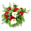 A classic romantic bouquet of red roses and white calla lilies is shown in sharp detail against a spotless white background, the sort of refined design often created for Epping couples celebrating milestones. The image is taken from a slightly raised eye-level angle, allowing the viewer to appreciate the full, rounded silhouette of the arrangement. At its centre, plush red roses dominate, their petals rich and velvety, unfurling in closely layered spirals that convey passion, depth of feeling, and enduring love. Interlaced among the roses, pure white calla lilies stretch upward and outward, each bloom a smooth trumpet shape that curls back to reveal a pale yellow centre. Their sculptural form and cool white tone add a sense of calm balance and contemporary grace to the passionate reds. Encircling the flowers, abundant greenery creates a fresh, textured frame. Eucalyptus stems, with their small, round, silvery-green leaves, bring an airy softness and a suggestion of gentle fragrance, while larger, darker green leaves give the design structure and fullness. The stems are gathered into a clear glass vase, only the ribbed base visible at the bottom of the photograph, providing a discreet anchor that does not distract from the blossoms. The lighting is bright and even, with the crisp white background ensuring that every petal edge, curve, and shade of green stands out clearly. This bouquet feels ready to be delivered for an anniversary dinner just off Epping High Street, displayed at an elegant engagement party, or used as a luxurious centrepiece that speaks of romance, sophistication, and thoughtful local floristry.