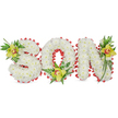 A tender, three-dimensional floral tribute spells out the word SON in sculpted, cloud-like letters formed from hundreds of small, pristine white chrysanthemum blooms. Each capital letter is densely packed so the surface reads soft and luminous, like fresh snow against the image's clean white background. Around every outer edge and even tracing the inner curve of the O, a vibrant red ribbon is folded into scalloped loops, giving a defined, rhythmic border that draws the eye and offers a bold contrast to the serene white petals. At the upper left curve of the S there is a single lime-green Cymbidium orchid, its waxy petals flushed with a subtle pale orange and a reddish-brown throat, cradled by glossy green leaves and delicate fern fronds. The O's hollow is gently filled at its base with a matching orchid and a nest of fern and verdant foliage, while the N's upper right stroke carries the third Cymbidium, its pale chartreuse colouring and intricate throat forming a gentle focal point. The combination of the chrysanthemums' matte softness, the orchids' waxy sheen, and the fine fronds creates layered texture and quiet depth; a faint, cool studio light sculpts soft shadows that emphasize the three-dimensional letters. This arrangement reads as a respectful, personalised memorial piece suitable for a funeral or graveside tribute, conveying purity, love, and remembrance. As a local florist aware of Epping's quieter moments beneath the canopy of Epping Forest, I picture this tribute laid with care near familiar neighbourhoods such as the High Street or around the parish church, offering families a dignified way to honour a beloved son.