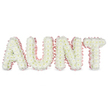 This image shows an elegant, personalised funeral tribute arranged to spell AUNT in bold, free-standing letters fashioned entirely from white chrysanthemums. Each letter is constructed on a firm base and then completely covered with tightly clustered, fresh blooms, creating a thick, cushion-like layer of petals that looks both soft and substantial. The chrysanthemums are uniformly white with tiny touches of pale yellow at their centres, giving the arrangement a calm, luminous quality that is gently enhanced by clear, even studio lighting. Around the outer edge of each letter runs a trim of pale pink satin ribbon, gathered into dainty ruffles that sit just proud of the flowers, like a delicate frame. The ribbon's pastel shade offers a gentle contrast to the white petals, suggesting femininity, tenderness, and the quiet affection that often characterises the relationship with a much-loved aunt. The letters stand in a neat horizontal line against a bright white background, their shapes clean and easy to read, as you might see on a stand by the coffin or hearse on the day of the service. The tribute feels both strong and gentle, suitable for funerals, wakes, or memorials in and around Epping, whether at local churches off the High Street or smaller chapels near Epping Forest. It is the kind of carefully considered design that families choose when they wish to say farewell with something that speaks directly from the heart, using flowers to spell out a single, powerful word of remembrance and gratitude.