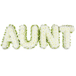 Set against a smooth, white background, the word AUNT appears in striking floral capitals, each letter fully filled with compact white chrysanthemum heads that sit shoulder to shoulder in a seamless blanket of bloom. The flowers create a soft, tufted texture, like a carefully padded cushion, their delicate petals overlapping to form a calm, snowy surface that suggests purity, remembrance, and quiet affection. Wrapping around the outside edge of every letter is a tidy band of vivid green foliage or ribbon-like greenery, its fresh colour providing a clear outline that makes the word stand out cleanly against the pale backdrop. This green trim adds a sense of natural life and gentle hope to the tribute, echoing the leafy calm of Epping's tree-lined streets and the nearby forest. The spacing between the letters is even and deliberate, giving the entire piece a composed, respectful feel-the sort of carefully considered detail families in Epping might choose when arranging flowers for a funeral, memorial, or graveside visit. There are no additional colours or embellishments competing for attention, just the simple, heartfelt message spelled in flowers: AUNT. You can imagine this arrangement resting by the coffin or at the front of a chapel, the chrysanthemums cool and fresh from early-morning preparation at a local Epping florist, silently conveying love, gratitude, and farewell. The tribute feels both contemporary and traditional, offering a serene, comforting presence for those gathering to remember a much-loved aunt and the gentle steadiness she brought to family life.