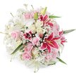Presented against a pure white background, this hand-tied bouquet appears almost to float, its rounded shape carefully built from layers of lilies, roses, and delicate filler flowers. Large white lilies form the structural backbone, their long, elegant petals opening in broad trumpets while a few green buds stand poised to bloom, adding height and a sense of unfolding time. Tucked among these are plush blush pink roses and creamy ivory roses, some shyly half-open, others in full, luxuriant bloom, their velvety petals overlapping in soft spirals that invite the eye to linger. For contrast and drama, vibrant fuchsia and magenta Oriental lilies, reminiscent of classic Stargazer varieties, punctuate the soft pastels; their richly coloured petals are adorned with fine, darker speckles and surround bright yellow anthers that glow warmly under the studio lighting. Threads of white baby's breath lace throughout the bouquet, creating a misty, cloud-like effect that softens the stronger shapes and ties the colour palette together. Slender green leaves and stems peek out here and there, suggesting freshness and echoing the greenery found around Epping's parks and quiet residential streets. The lighting is bright and even, flattening shadows and making each bloom appear freshly arranged and ready to be delivered. The overall feel is of an elegant, romantic design perfect for an anniversary surprise, a bridal bouquet for a local ceremony, or a heartfelt thank-you gift sent across Epping. It captures the artistry of a dedicated florist, using classic flowers and harmonious tones to express love, gratitude, and celebration.