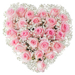 A perfectly formed heart of flowers fills the frame: dozens of soft, pastel pink roses are arranged so tightly their velvety heads press together, creating a lush, continuous surface that reads like a satin pillow. Each rose shows a gentle variety of pink-pale blush at the outer petals graduating to a warmer, rosier tone towards the centre-some still coyly furled, others opening into layered spirals that catch the light. Tiny clusters of white baby's breath (gypsophila) are woven throughout and along the heart's edge, their cloud-like sprays offering a luminous contrast that sharpens the heart silhouette against the clean, white backdrop. The lighting is bright and even, revealing dew-fresh texture on the petals and the subtle shadows between blooms, suggesting the cool scent of roses and the almost powdery aroma of gypsophila. From a florist's hand the composition reads as both meticulous and tender: each stem placed to maintain symmetry and a soft, rounded contour, the overall effect intimate and calm. This arrangement speaks of deep affection and gentle devotion-ideal for anniversaries, a quiet proposal, or as a reverent tribute at a wedding or memorial. Picture this delivered across Epping, arriving on a soft morning with the scent of roses mingling with the nearby woodlands of Epping Forest; the design carries a local grace, suited to High Street celebrations or a thoughtful gesture left at a family home near the green. The heart's craftsmanship and fresh clarity make it a timeless emblem of love and remembrance.