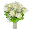 A serene, hand-crafted bouquet of about a dozen pristine white roses sits in a clear glass vase against a brilliant white background, the composition intentionally simple to celebrate form and light. Each rose shows soft, creamy petals unfurling at different stages-some fully open with velvety centers, others in the tender curl of an early bloom-creating a gentle rhythm across the cluster. Interwoven throughout are clouds of baby's breath (Gypsophila), their tiny star-like blossoms lending an airy, lace-like veil that softens the stronger rose silhouettes and suggests a delicate snowfall. Deep emerald and lighter lime-green leaves cradle the stems, their glossy, slightly veined textures providing a fresh contrast that makes the whites appear even more luminous. Through the transparent vase you can see neatly trimmed green stems and the clear water line, a small honesty of freshness that speaks to careful floral care. Diffused daylight-like that of an early morning in Epping Forest-washes the scene, giving the petals a quiet translucence and a faint, tender scent that is more suggestion than insistence. As a florist who often prepares arrangements for weddings at St John's or memorials on Epping High Street, I choose compositions like this for moments that call for pure, composed beauty: a calm anniversary, a thoughtful sympathy gesture, or a refined wedding bouquet. Suitable for local delivery across Epping and neighbouring villages, this arrangement feels both classic and intimate, a simple, elegant expression of care that invites a reflective pause and a quiet smile.