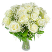 A hand-tied bouquet of pristine white roses, each bloom opened into layered spirals of creamy, satiny petals, rests in a simple clear glass vase that lets the stems show like a quiet architectural rhythm. Tiny clouds of gypsophila weave between the roses, their pinpoint white blossoms catching soft light and giving the arrangement an almost starlit texture. Deep, glossy green leaves and sturdy stems anchor the display, offering contrast to the snow-white petals and bringing a living freshness to the composition. The overall mood is calm and dignified: the roses seem to breathe a gentle scent of classic rose with a hint of morning freshness, the kind of fragrance that evokes early spring laundry on the line or a quiet walk under Epping Forest's birches.

Viewed up close, the petals' edges catch and soften the light, creating a warm, creamy tone amid the cooler whites of the gypsophila. The glass vase keeps the silhouette light and airy while the visible stems add vertical strength and honest craftsmanship - a florist's touch evident in the careful spacing and balanced flow. I picture this bouquet placed on an understated mantel on Epping High Street, beside a window looking out toward the green, or given as a quiet gesture of sympathy, new beginnings, or enduring devotion. The arrangement reads as both pure and refined: an elegant, understated statement of comfort and hope meant to soothe, celebrate, or simply say 'I am here' with timeless floral grace.