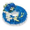 A tranquil, circular funeral wreath composed almost entirely of deep, velvety blue chrysanthemums, shown against a crisp white backdrop. The chrysanthemums are densely packed to form a full, textured ring whose tiny, fuzzy petals catch cool, diffused light and read as a tranquil field of blue at first glance. Lining the inner curve is a soft, pleated white satin ribbon that folds and shimmers gently, offering a quiet, elegant contrast to the saturated blue beneath. At the upper-left quadrant three large blue roses bloom in full, their plush, layered petals a richer sapphire that anchors the composition with a dignified, somber presence. Fine sprays of white baby's breath (Gypsophila) nestle around the roses and tuck into the chrysanthemum base, their airy dots of white and slender stalks adding visual breath and a delicate, comforting texture. From the mid-left the arrangement flows in a gentle diagonal toward the lower right in a cascade of pristine white orchids - likely Phalaenopsis or closely related varieties - their smooth, sculpted petals and pale centres creating an ethereal ribbon across the deep blue field. Interspersed among the orchids are pale green buds, some tightly closed and others just unfurling, suggesting renewal even within a solemn tribute. Dark green foliage peeks through in small amounts, giving depth and framing the blooms without distracting from the blue-and-white palette. This wreath reads as a composed expression of sympathy and respect, its cool tones and varying textures conveying peaceful remembrance and quiet dignity ideal for memorial services in Epping or nearby chapels and greenspaces.