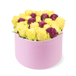 An elegant, modern celebration in pink and gold, this lush arrangement is presented in a round pastel pink gift box with a soft, suede-like matte finish. The box anchors the lower half of the frame, its plush silhouette supporting a dense, domed cluster of 30 to 40 roses. The majority are bright, sunny yellow roses, their petals just opening to catch the light and suggest new beginnings. Woven among them are deep burgundy or purple roses, which bring a regal gravity and a striking contrast that deepens the bouquet's character. The overall effect is luxe yet approachable, a living centerpiece that seems to glow against the pure white background. The design speaks of joyful occasions and heartfelt connections, a gift that would travel with same-day delivery across Epping and surrounding communities, ready to light up a birthday, anniversary, or a thoughtful hello. The soft box texture, the clean lines, and the careful layering of color reflect the craftsmanship of a local florist who understands how tone and tempo can lift a room. In a home near Epping Forest, this bouquet would welcome guests with a bright, optimistic scent and a radiance that feels both celebratory and intimate. The arrangement's generous scale, just shy of overflowing the box, hints at abundance without excess, a balance that is the mark of thoughtful design and enduring quality. A final flourish-a coordinating ribbon and card-completes the thoughtful touch. Today this arrangement would charm a doorstep in Epping's red-brick lanes, where a neighbor might pause to inhale the delicate scent and imagine the next celebration-a new baby, a milestone, or a shared cup of tea.