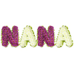 A handcrafted three-dimensional tribute spells the tender word NANA in generous, sculpted letters against a clean white backdrop. Each character is formed from hundreds of small chrysanthemum-like blooms, the first N built entirely of deep magenta-purple flowers whose tiny yellow centres peek like warm pinpricks; the first A responds in quiet contrast with dense clusters of creamy white chrysanthemums, their petals soft and cool to the eye. The sequence repeats: a second N in the same rich plum tones and a final A in pristine cream, so the alternating palette reads clearly from a few paces and feels intimate up close. Every letter is edged with a bright, undulating lime-green border - a narrow pleated ribbon or tightly layered foliage - that frames the flower heads and adds a fresh, hopeful accent against the white. Gentle daylight highlights the roundness of each bloom, creating a subtle play of shadow and texture that makes the letters feel almost touchable; you can almost sense the faint, clean scent of chrysanthemums and the softness of the clustered petals. Made as a sympathy tribute to honour a beloved grandmother, this arrangement balances formality with warmth: readable, dignified letter shapes that still carry the compassion of hand-placed flowers. As a local florist who knows Epping's quieter moments and small gatherings, I imagine this tribute resting near an arrangement on the High Street chapel table or carried softly to a graveside beneath the green canopy of Epping Forest, offering a simple, heartfelt message of love and remembrance.

The piece is understated yet deeply personal - a floral embrace that speaks for family when words fall short.