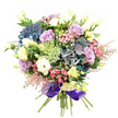 In the gentle morning light of Epping, a bouquet unfolds, radiating delicate colour and quiet sophistication-a testament to the artistry found within the town's cherished local florists. At the heart of this arrangement sit clusters of sumptuous hydrangea, their petals washed in indigo-violet and soft teal, forming cloud-like shapes reminiscent of dewy wildflowers along the outskirts of Epping Forest. Nestled within and around these generous blooms, lavender and creamy white roses begin to open, their spiral forms whispering of new beginnings and heartfelt gestures. Rounded, multi-layered ranunculus in crisp white provide a soft, petal-rich contrast, while pale yellow-green lisianthus buds add slender vertical accents, bathing the creation in gentle luminosity. Flecks of vivid fuchsia filler and wispy, pale pink astilbe dance playfully at the bouquet's edge, breathing an air of lightness and invitation. Subtle filler flowers in shades of pale green and white, intricate as lace, bring structure and dimension, interwoven with vibrant, dark green foliage that grounds the palette and ensures each bloom stands proud. At the base, the stems are neatly bundled and adorned with a lustrous royal purple satin ribbon-tying together not just the colours, but the spirit of care and community in Epping. The bouquet carries soft fragrances-a blend of rose, fresh greenery, and hydrangea soil-evoking memories of strolling through local parks or flower markets. Whether presented as a celebratory gift or a loving gesture to neighbours in Theydon Bois or North Weald, this arrangement captures the serenity and richness of Epping's floral heritage, crafted with passion, insight, and an unmistakable local touch.