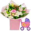 A warm, celebratory scene for a new baby girl is arranged against a spotless white background, giving the impression of freshness and calm often associated with those early days at home. Centrally placed is a generous bouquet rising from a sturdy, light pink gift box, its square shape lending structure to the soft profusion of petals above. The blooms are nestled into blush-pink tissue paper and wrapped in clear cellophane that adds a subtle shine. At the heart of the bouquet, a vivid pink gerbera daisy radiates happiness, surrounded by soft white chrysanthemums and graceful alstroemeria lilies whose petals are tinted with pale pink and flecked with delicate markings. A creamy yellow lily bud stands slightly taller, symbolising blossoms still to come, rather like the unfolding milestones of a new baby growing up in a home near Epping Forest or along Theydon Road. Bright green button-like flowers are tucked among the larger blooms, their rounded form and spirited colour energising the design, while clusters of deep red hypericum berries introduce a rich, berry-toned accent. Glossy dark green leaves and airy fern fronds spill naturally around the edges, lending the arrangement a garden-fresh feel. To the right, a shiny foil balloon in the shape of a baby pram gently floats, commanding attention with its hot pink body, purple hood, and purple wheels detailed with colourful spokes. Across the side of the pram, cheerful yellow and green lettering clearly proclaims It's a Girl!, with tiny hearts echoing the bouquet's affectionate mood. Together, the flowers and balloon form a heartfelt gift ensemble, beautifully suited to baby showers, hospital deliveries, or welcoming a new daughter home anywhere in Epping.